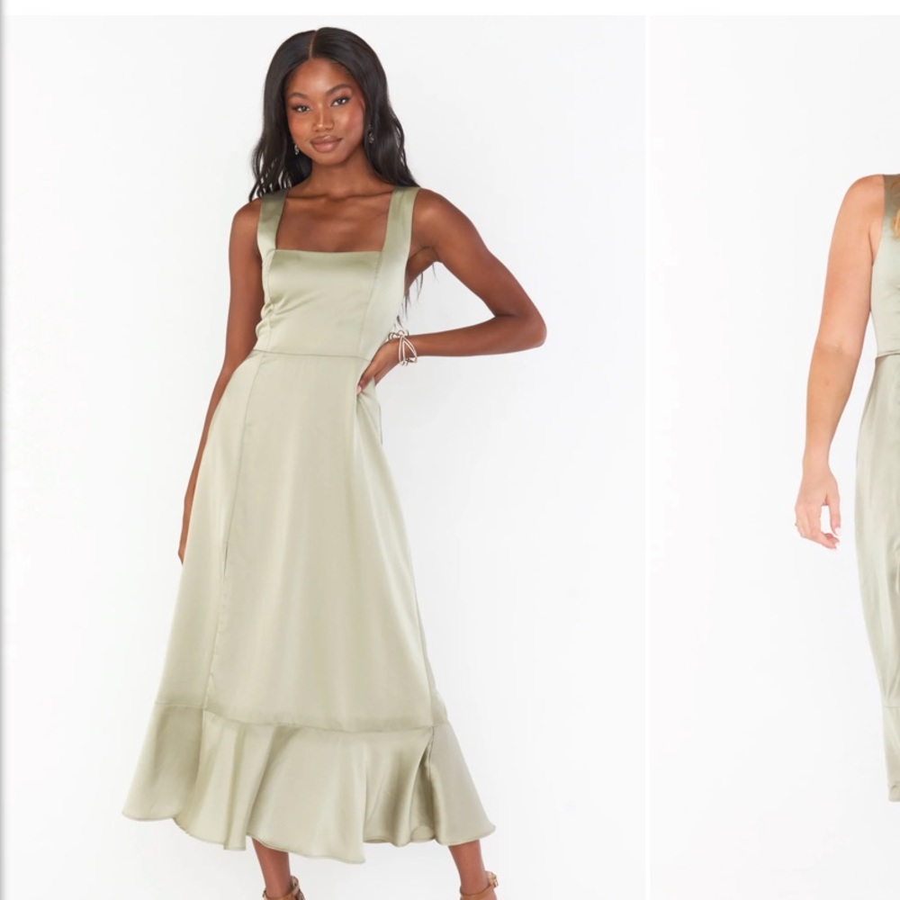 Show Me Your Mumu Claire Midi Dress in Moss Green Luxe Satin Size Small